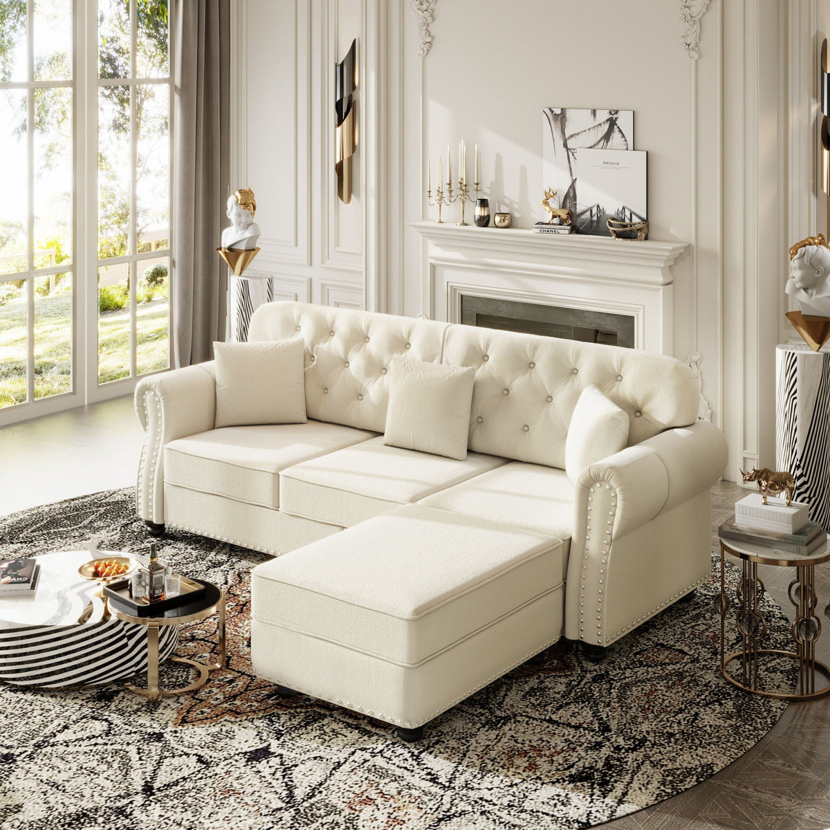 Modern Upholstered 3 Seater Sofa Set and Ottoman