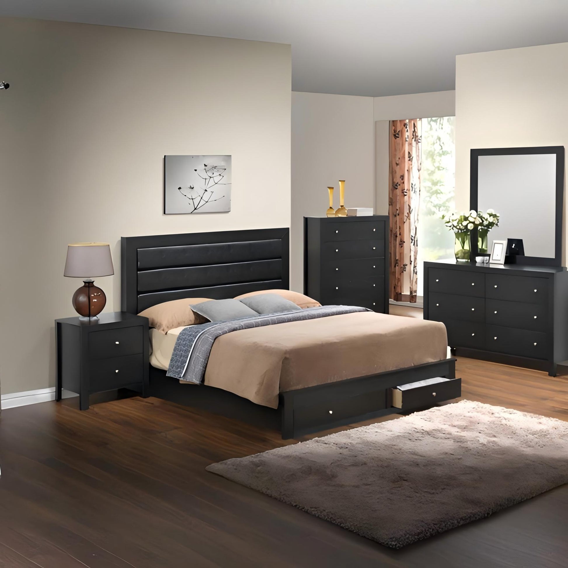 Elegant storage bed in black with tufted headboard and matching nightstand in a bedroom on Tampa Home & Garden Store
