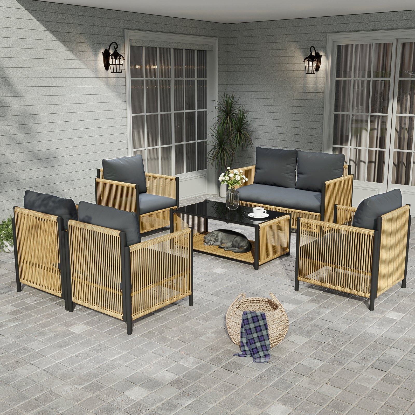 Patio 6-piece brown PE wicker outdoor sofa set with grey cushions and glass coffee table on Tampa Home & Garden Store