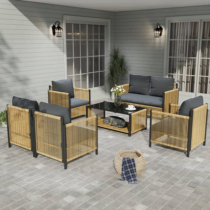 Patio 6-piece brown PE wicker outdoor sofa set with grey cushions and glass coffee table on Tampa Home & Garden Store