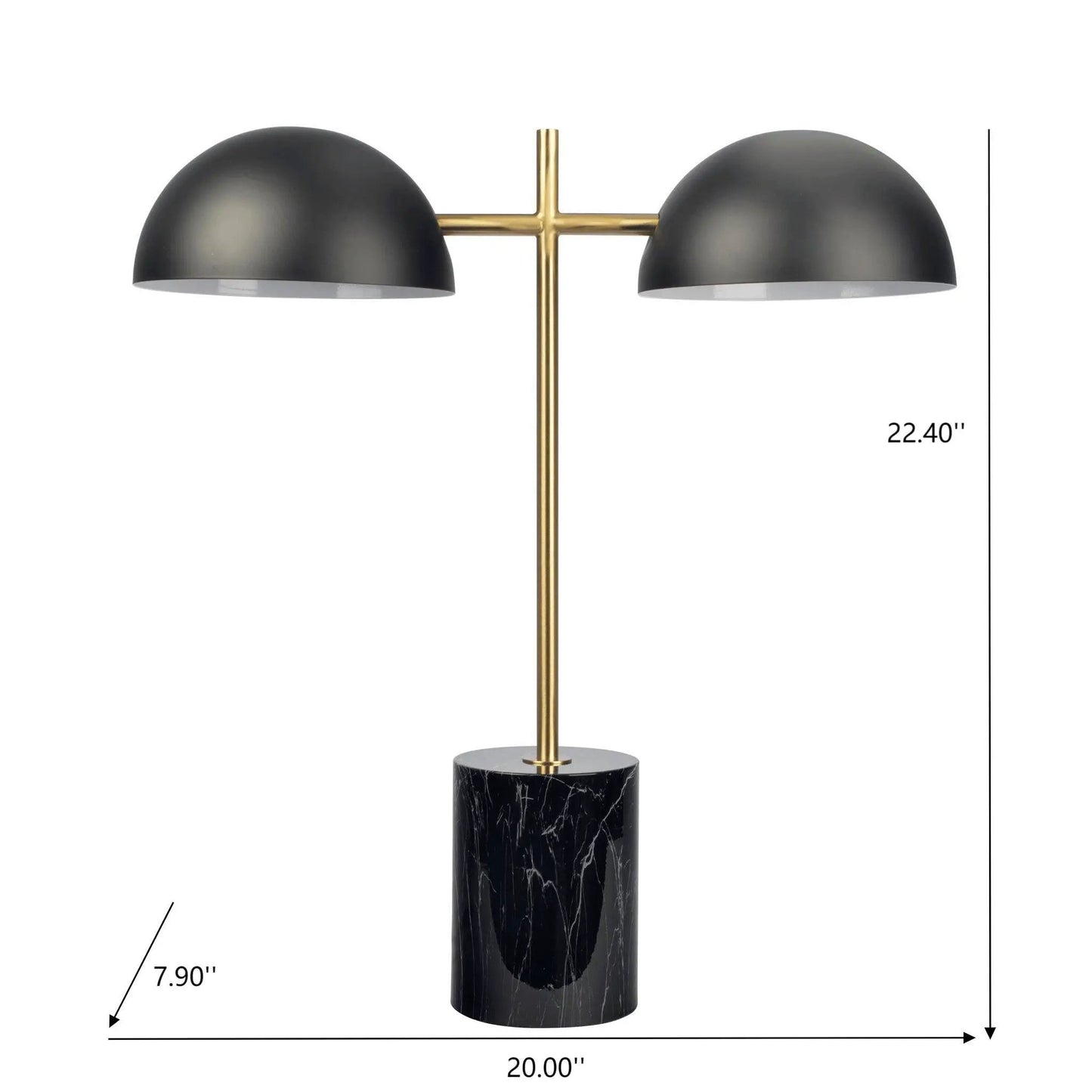 Nova Hydro table lamp with dual black dome shades on a gold cross bar and marble base on Tampa Home & Garden Store
