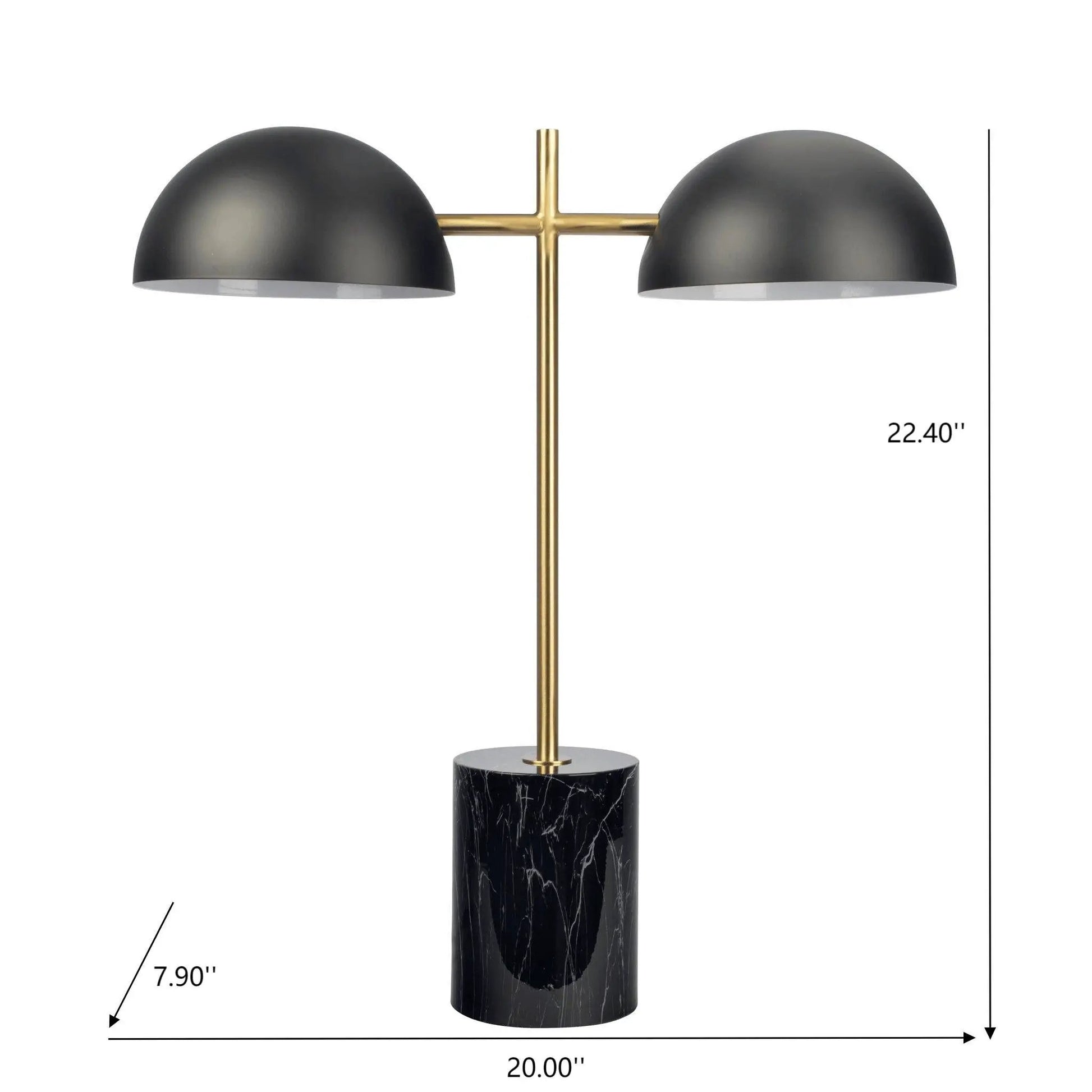 Nova Hydro table lamp with dual black dome shades on a gold cross bar and marble base on Tampa Home & Garden Store