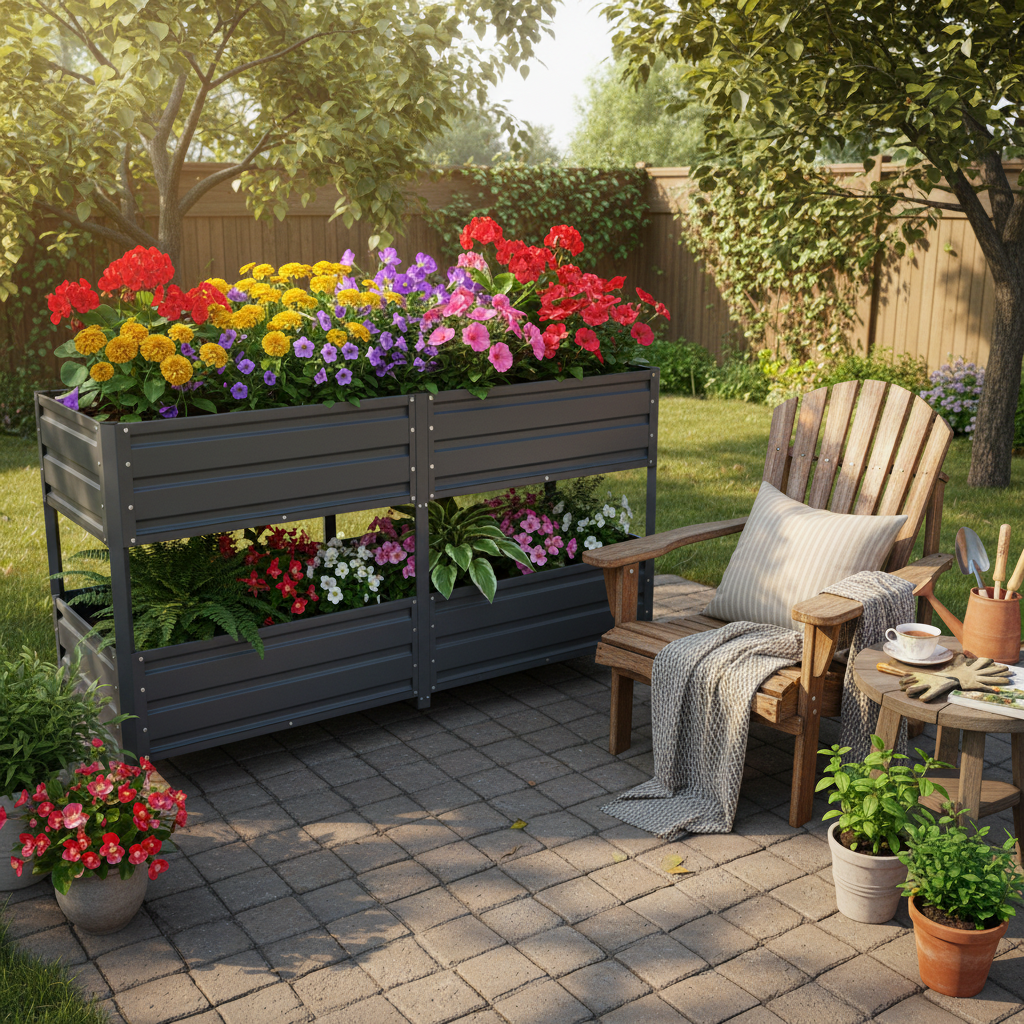 Gray metal dual-tier raised garden bed with lockable wheels by HouseOfZazla on Tampa Home & Garden Store