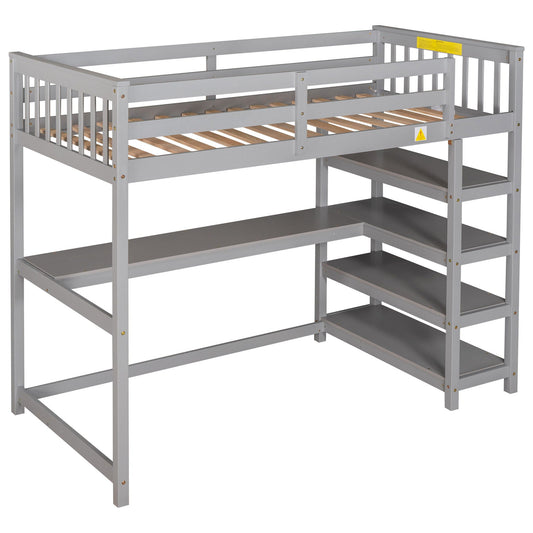Loft Bed With Storage Shelves And Under Bed Desk by HouseOfZazla gray metal frame with slat base on Tampa Home & Garden Store