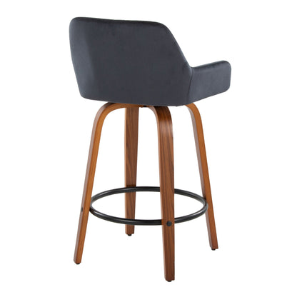 Contemporary fixed-height swivel counter stool with dark gray upholstery and wooden legs on Tampa Home & Garden Store