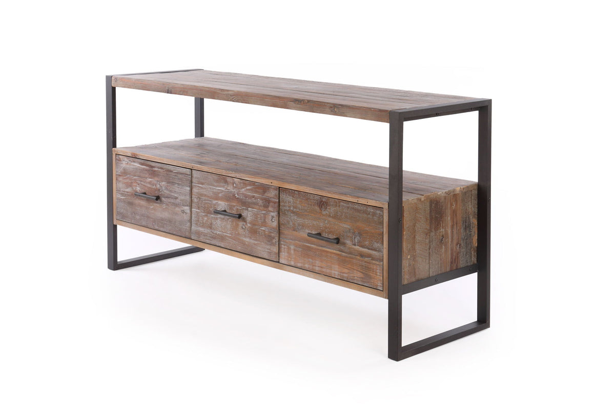 Reclaimed wood TV console with black metal frame featuring 3 drawers and open shelf antique gray on Tampa Home & Garden Store