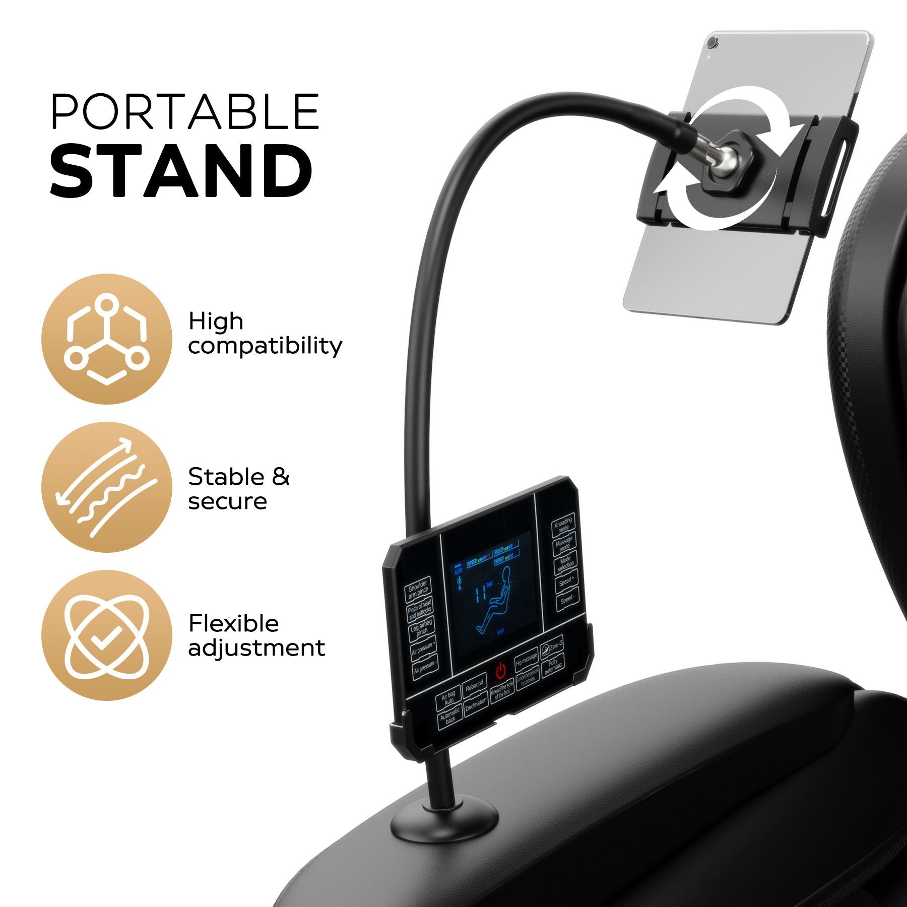Massage chair control panel with black tablet mount on curved arm stand on Tampa Home & Garden Store