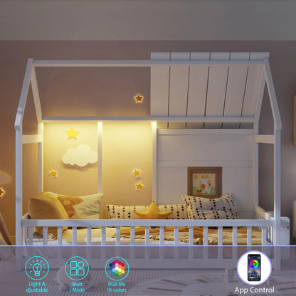 House Floor Bed With 7 Color LED Light Bookshelf