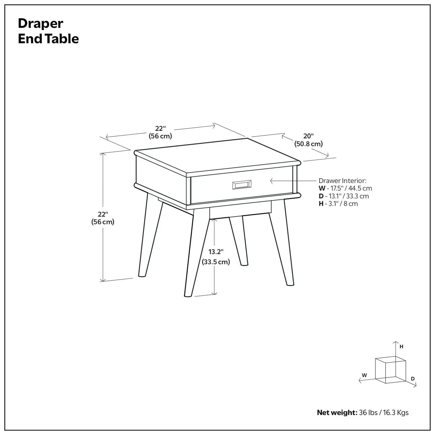 Draper Handcrafted Mid Century End Table with single drawer and tapered legs 22W x 20D x 22H on Tampa Home & Garden Store