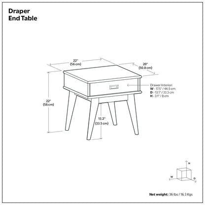 Draper Handcrafted Mid Century End Table with single drawer and tapered legs 22W x 20D x 22H on Tampa Home & Garden Store