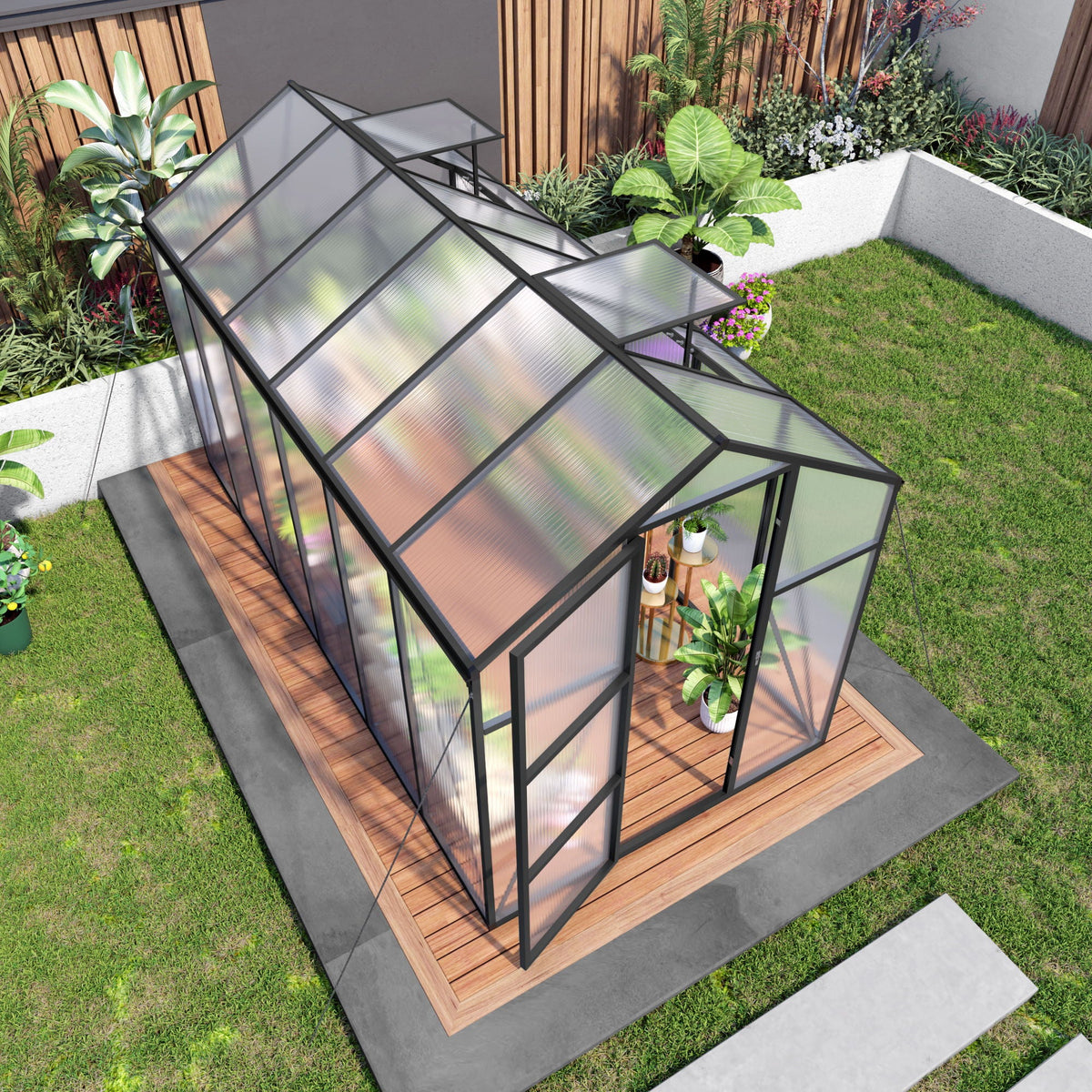 Windproof Greenhouse with Raised Base by HouseOfZazla - black frame, polycarbonate panels on Tampa Home & Garden Store