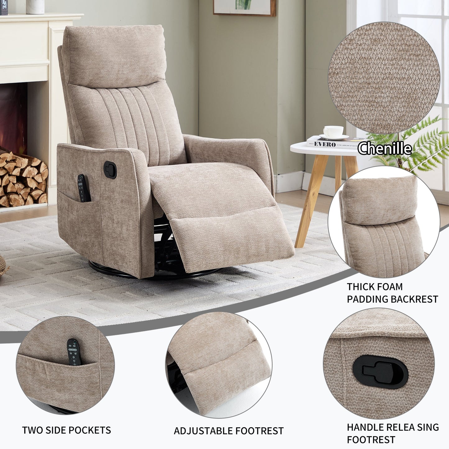 Khaki Heat Massage Recliner Chair and Swivel