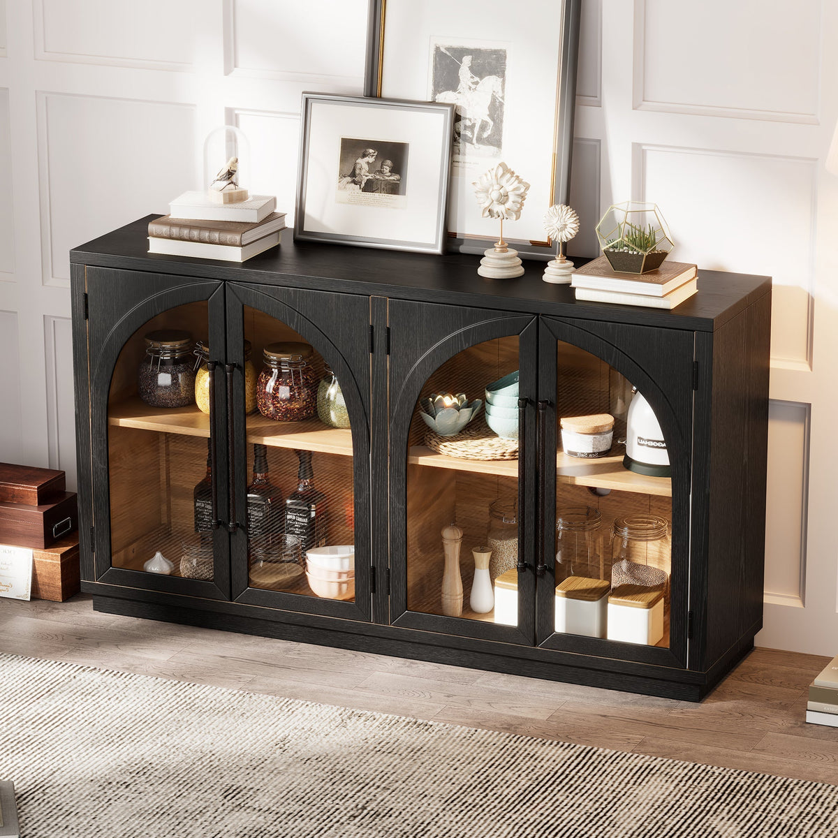 4-Door large storage sideboard buffet with arched glass doors in black by HouseOfZazla on Tampa Home & Garden Store