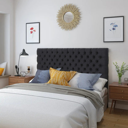Annecy Contemporary Upholstered Headboard by HouseOfZazla, charcoal tufted fabric on Tampa Home & Garden Store