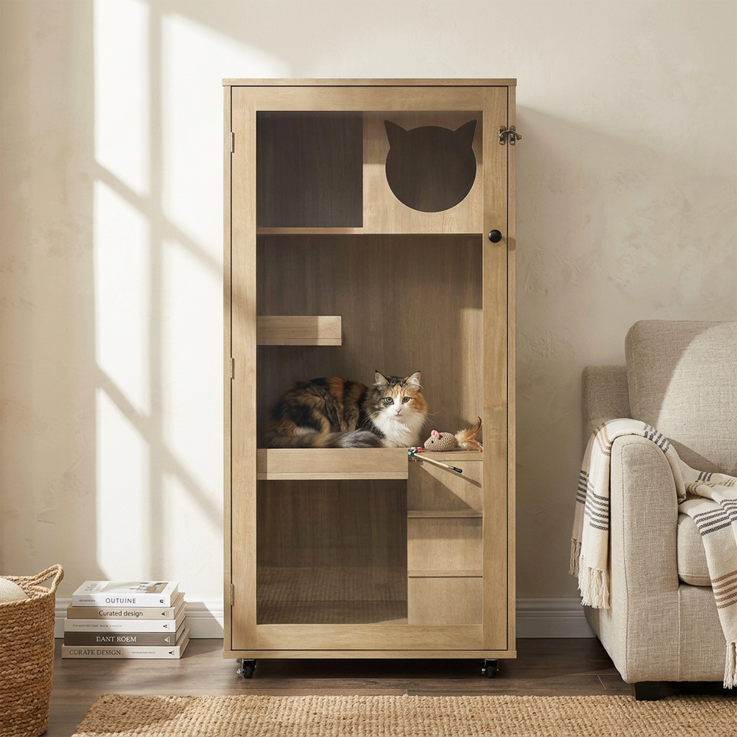 Basia rubber wood cat cabinet with wheels, cat silhouette door, natural finish by HouseOfZazla on Tampa Home & Garden Store