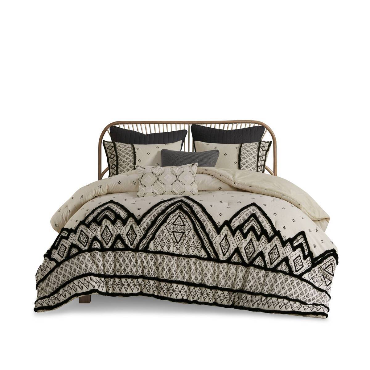 HouseOfZazla 3pc Cotton Flax Linen Blend Comforter King/Cal Beige with geometric print on Tampa Home & Garden Store