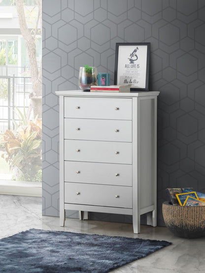 Primo Accent Chest white finish with 5 drawers in a modern room with decorative vase and framed art on Tampa Home & Garden Store