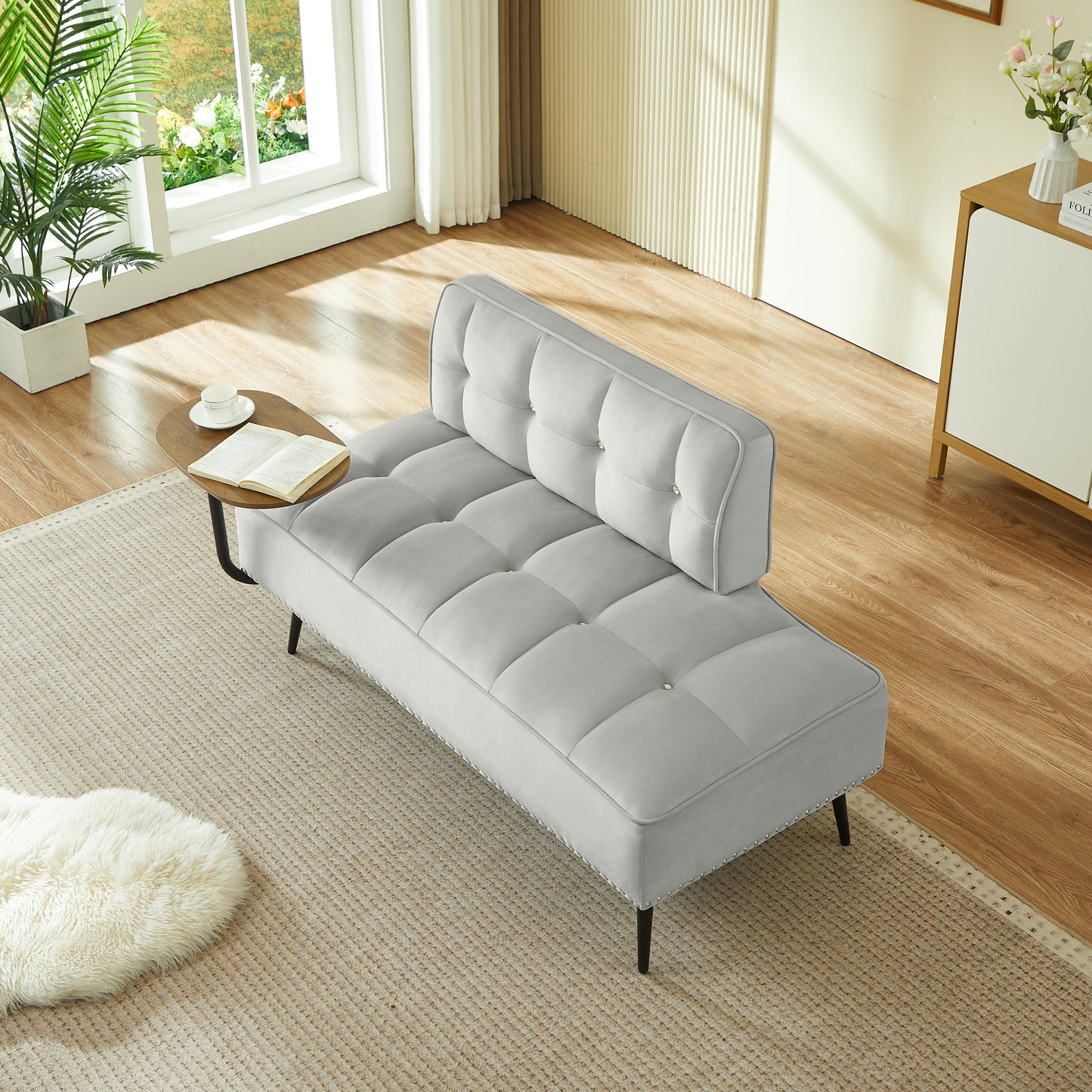 54-Inch Modern Two-Seater Velvet Sofa with Rotating Table in gray velvet and black metal legs on Tampa Home & Garden Store