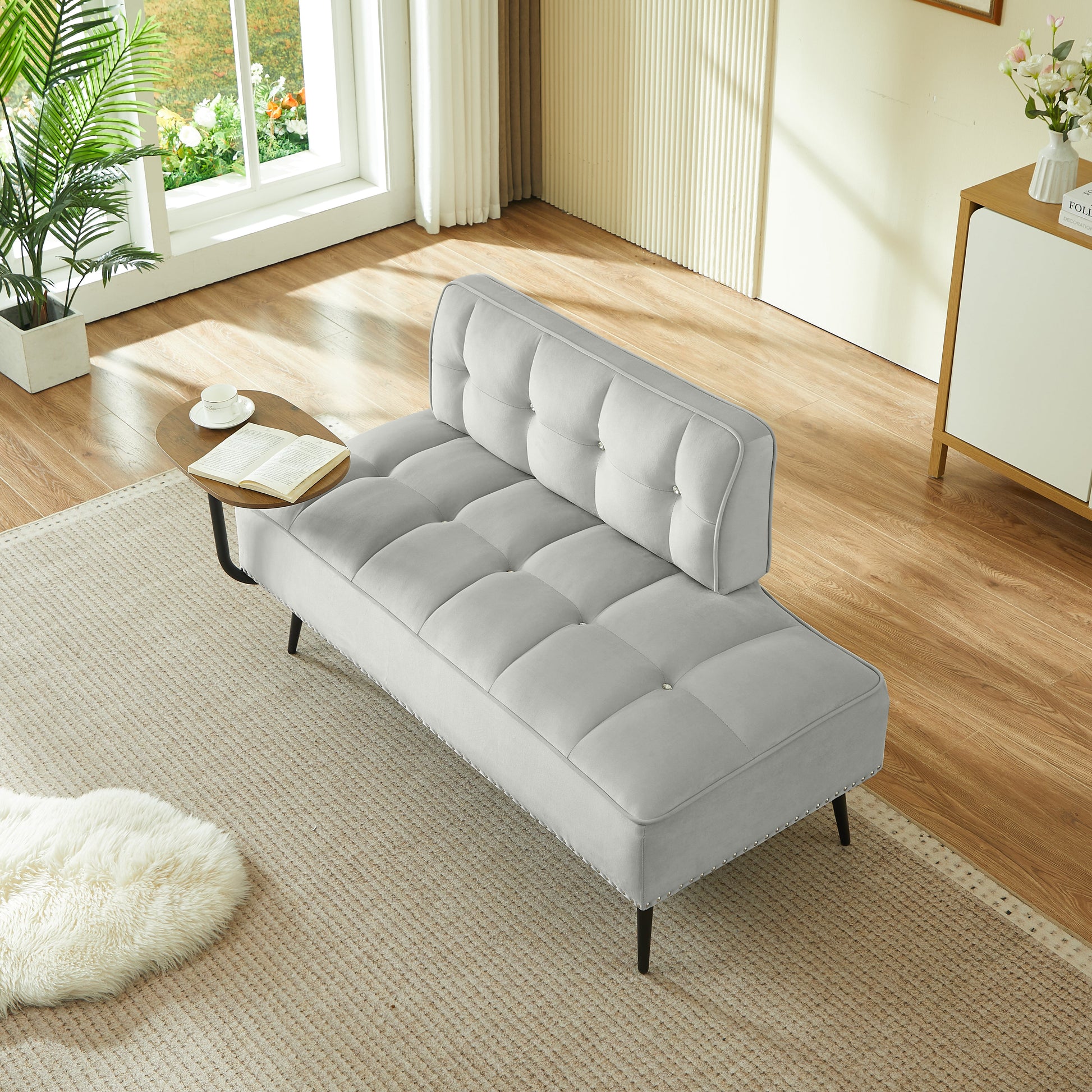54-Inch Modern Two-Seater Velvet Sofa with Rotating Table in gray velvet and black metal legs on Tampa Home & Garden Store