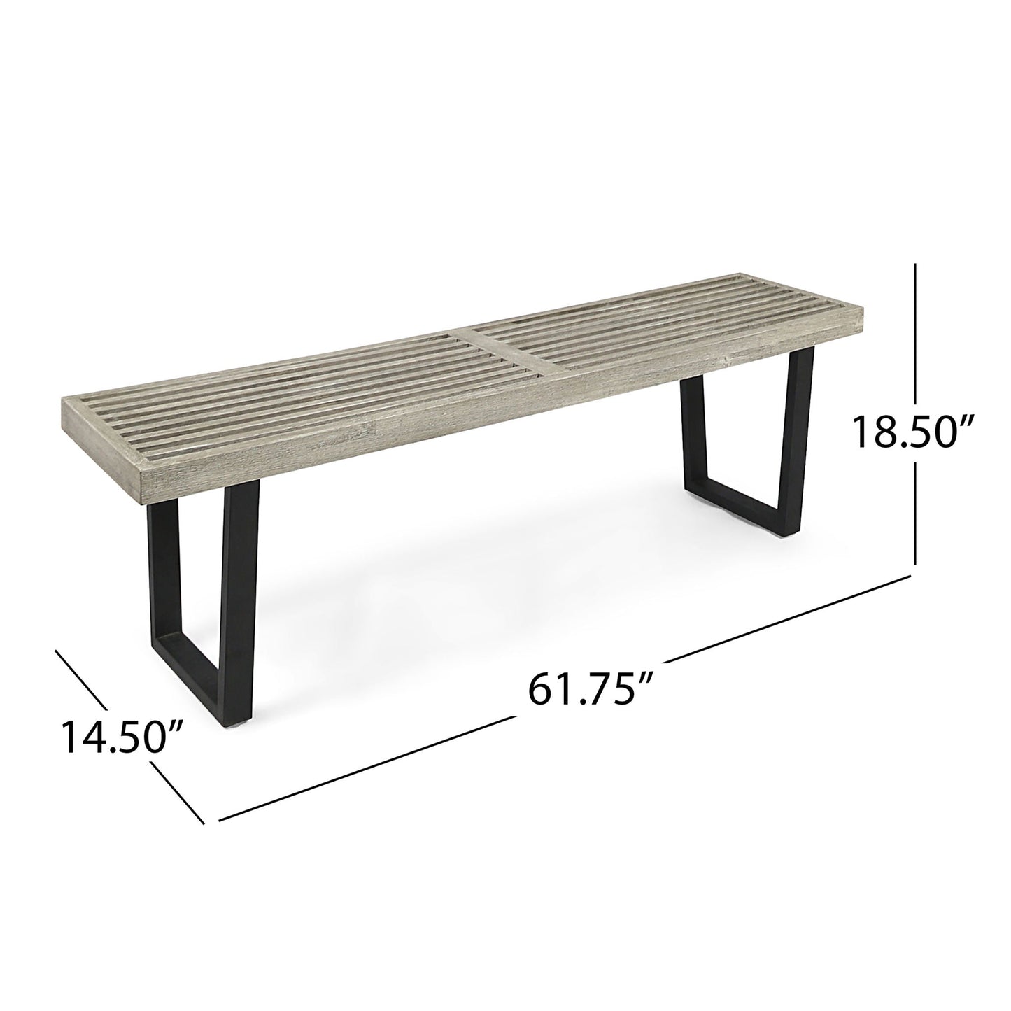 Outdoor dining bench with slat top in weathered wood and black metal legs on Tampa Home & Garden Store