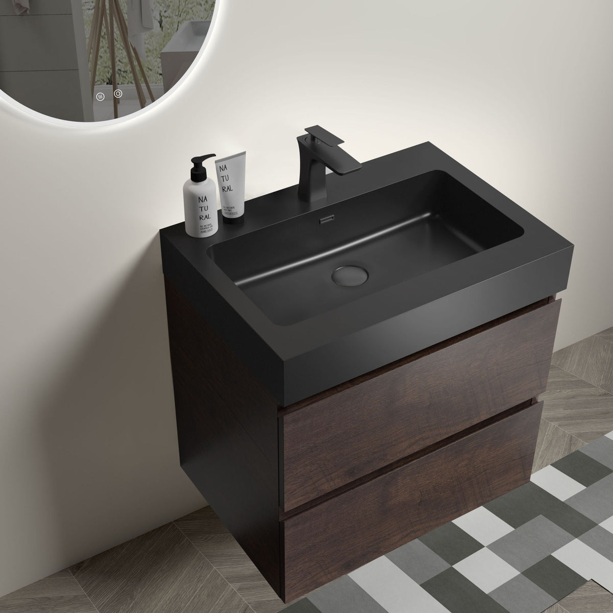 Alice wall-mounted vanity with integrated sink in black, matte faucet, HouseOfZazla on Tampa Home & Garden Store