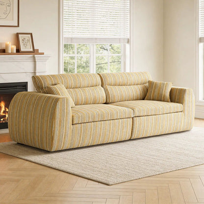3 Seater striped yellow beige fabric couch with matching throw pillows in a living room on Tampa Home & Garden Store