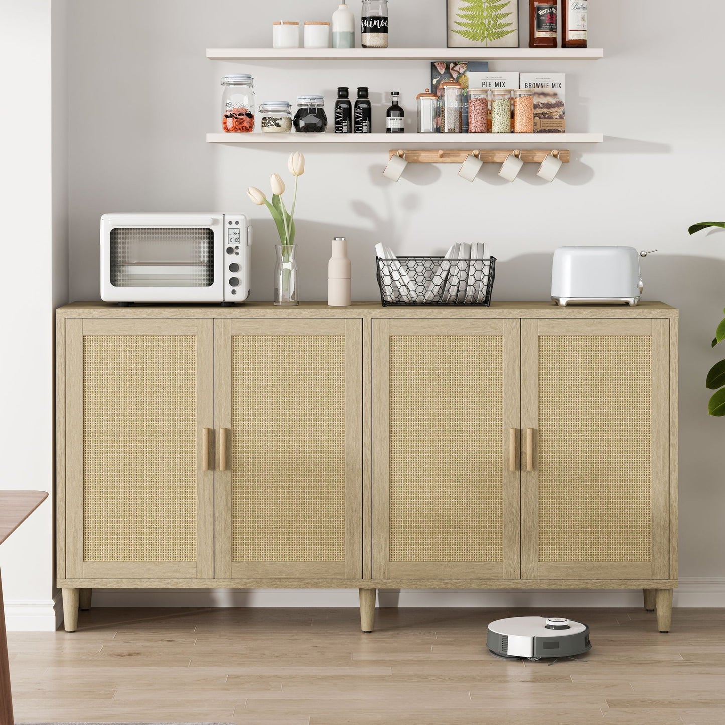 Buffet cabinet with adjustable shelves in natural wood and woven cane doors on Tampa Home & Garden Store