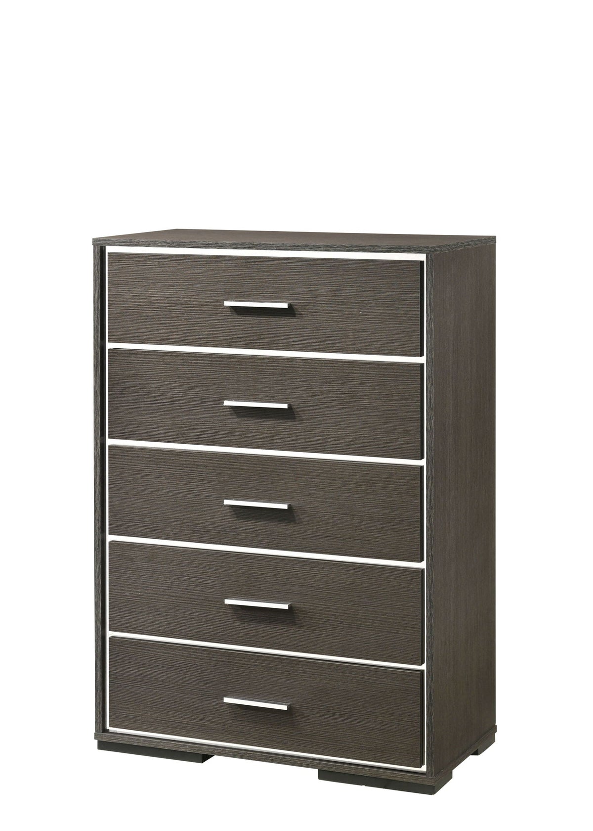 Escher Chest with five dovetail drawers in gray oak finish with brushed metal trim on Tampa Home & Garden Store