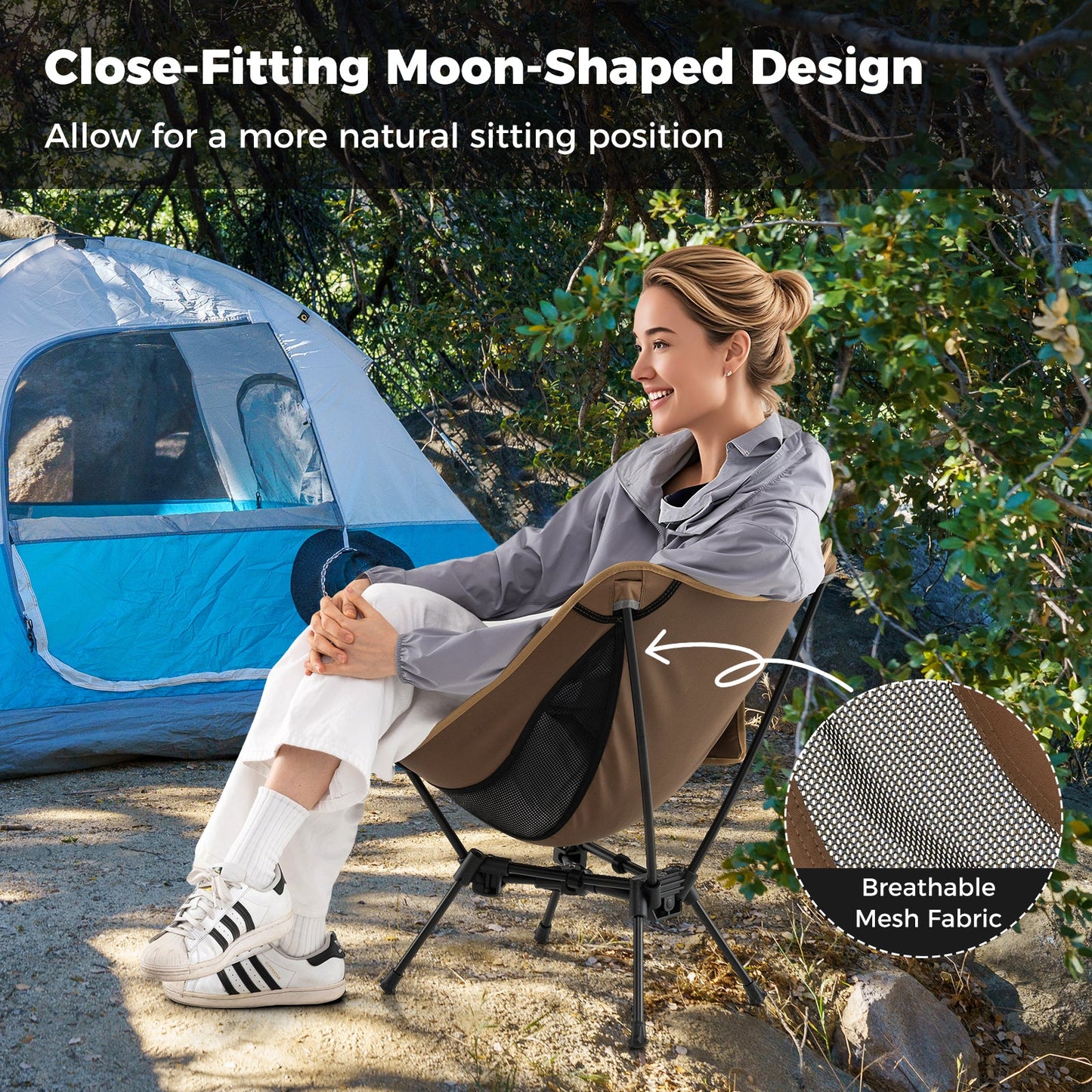GemGear Portable Camping Chair coffee color with breathable mesh fabric, folding chair on Tampa Home & Garden Store