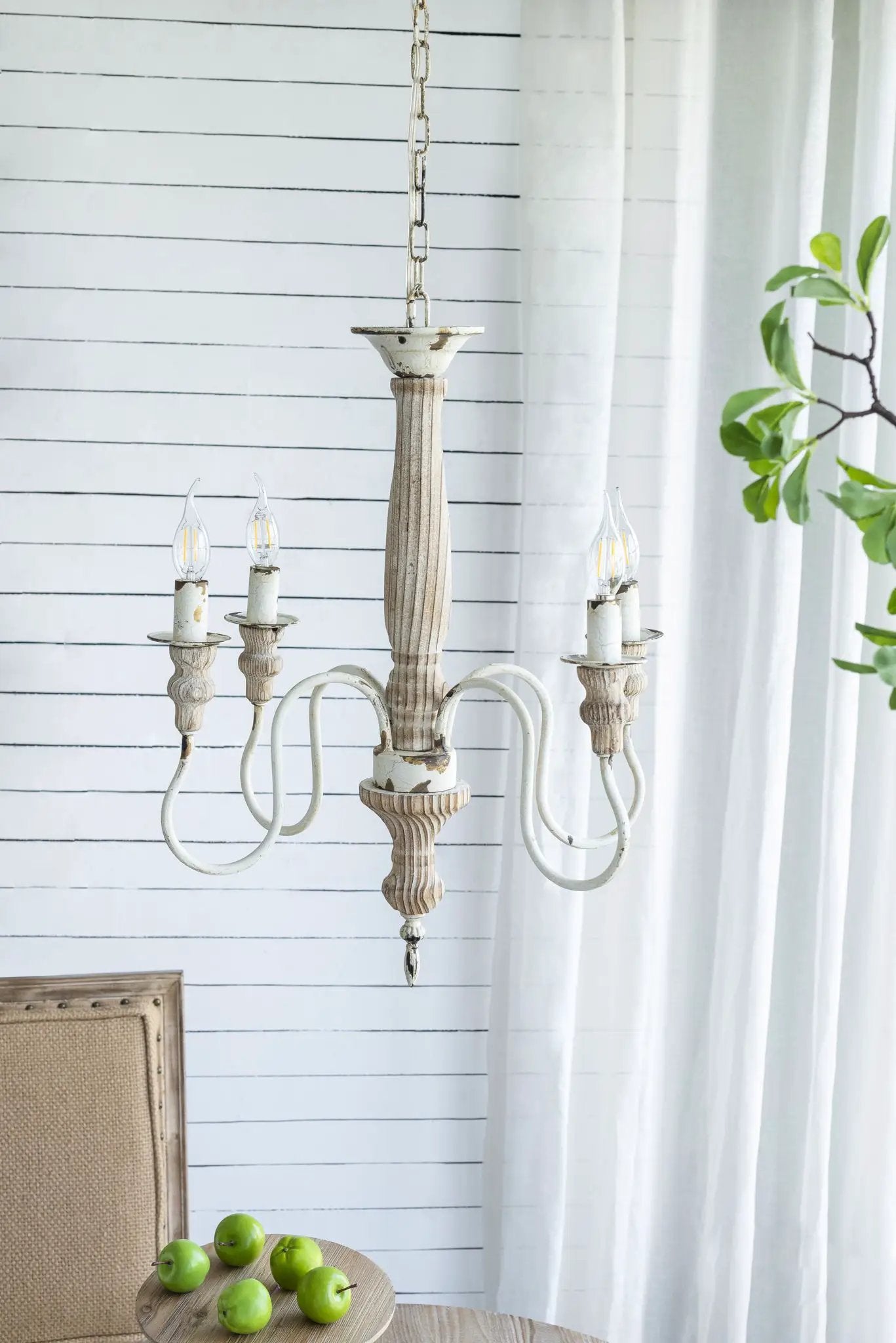 4-light cream white chandelier with distressed wood column and adjustable chain on Tampa Home & Garden Store