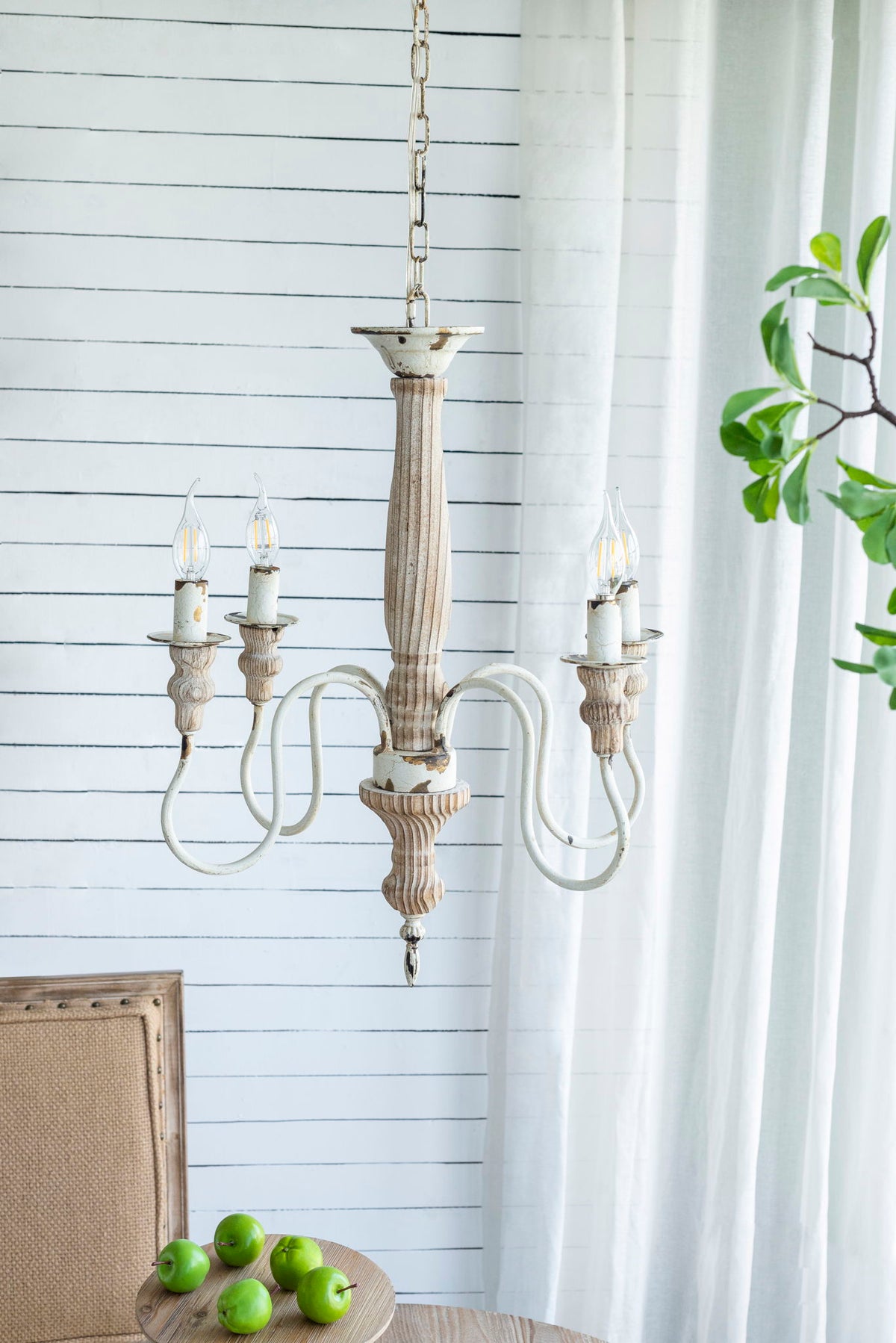 4-light cream white chandelier with wooden center and hanging chain HouseOfZazla on Tampa Home & Garden Store
