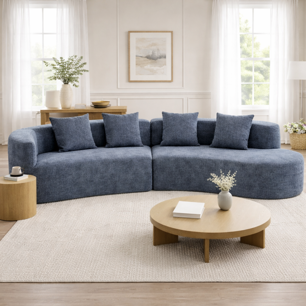 U_Style 132-inch Modern Sectional Sofa curved design in blue fabric with cushions on Tampa Home & Garden Store