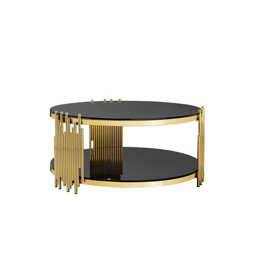 Round black tempered glass side table with double tiers and gold frame by Unique Piece Furniture on Tampa Home & Garden Store
