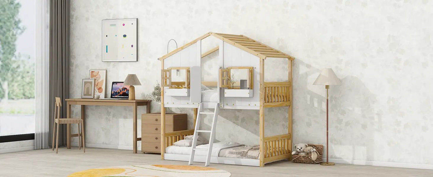 House bunk bed with roof, guardrails and ladder, window, natural wood by Unique Piece on Tampa Home & Garden Store