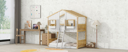 House bunk bed by HouseOfZazla in natural wood with white panels roofed playhouse design ladder on Tampa Home & Garden Store