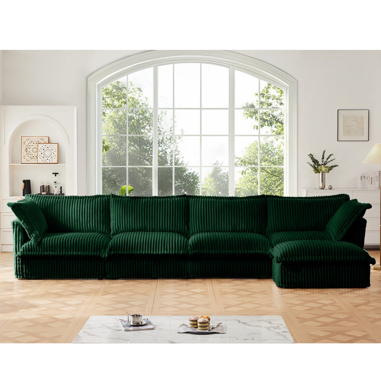 Slipcovered L Shape Sectional Long Sofa Couch by HouseOfZazla in emerald green velvet on Tampa Home & Garden Store