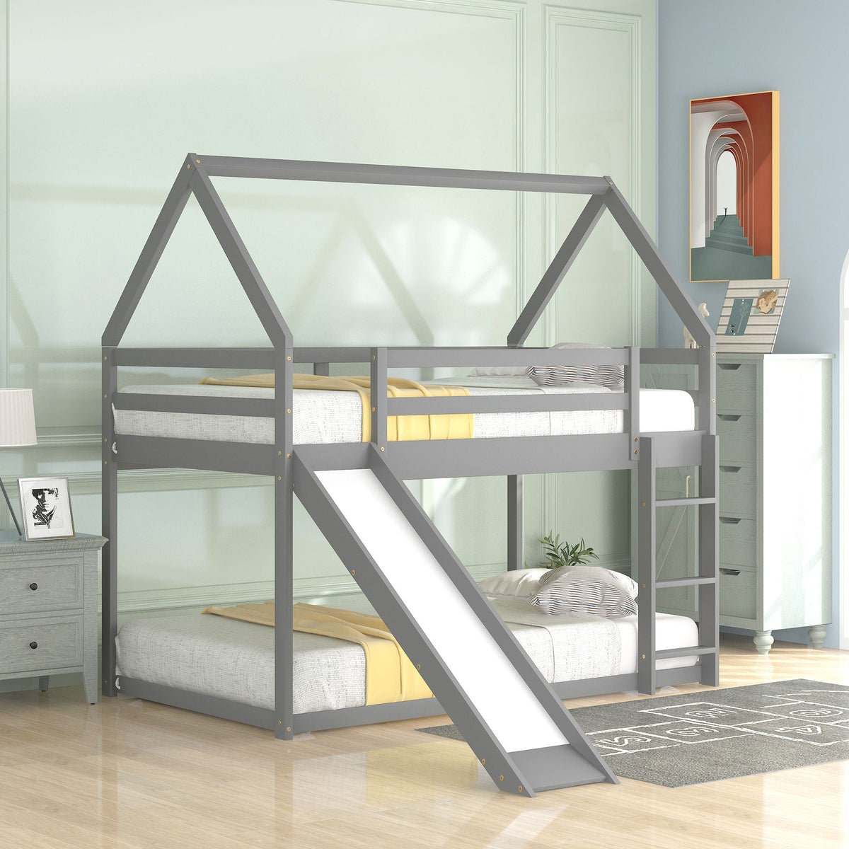 House-shaped bunk bed with slide and ladder in gray metal, HouseOfZazla on Tampa Home & Garden Store