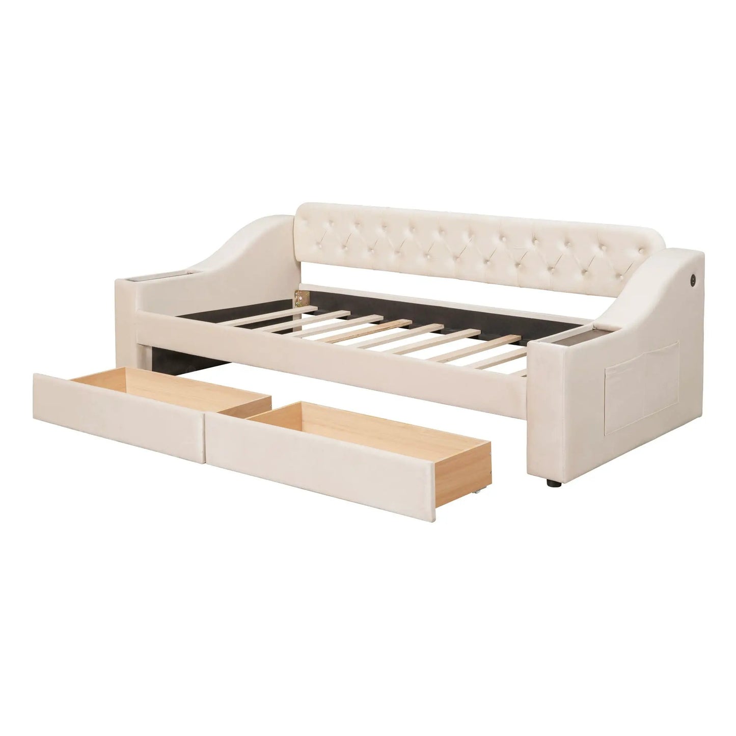 Upholstered cream daybed with tufted back and curved arms, front storage drawers on Tampa Home & Garden Store