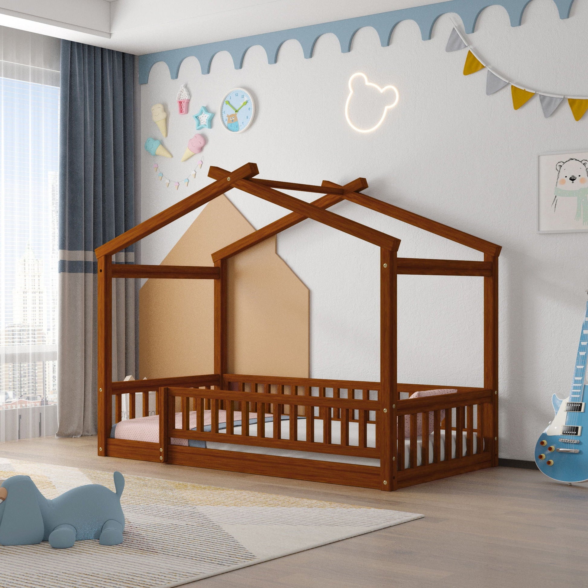 Bed House Bed Frame With Fence canopy bed in warm wood finish with slatted sides on Tampa Home & Garden Store