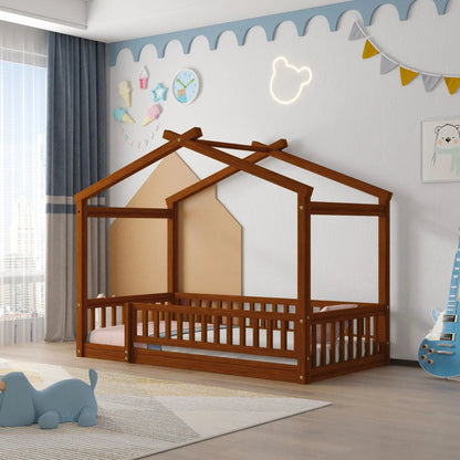 Bed House Bed Frame With Fence canopy bed in warm wood finish with slatted sides on Tampa Home & Garden Store