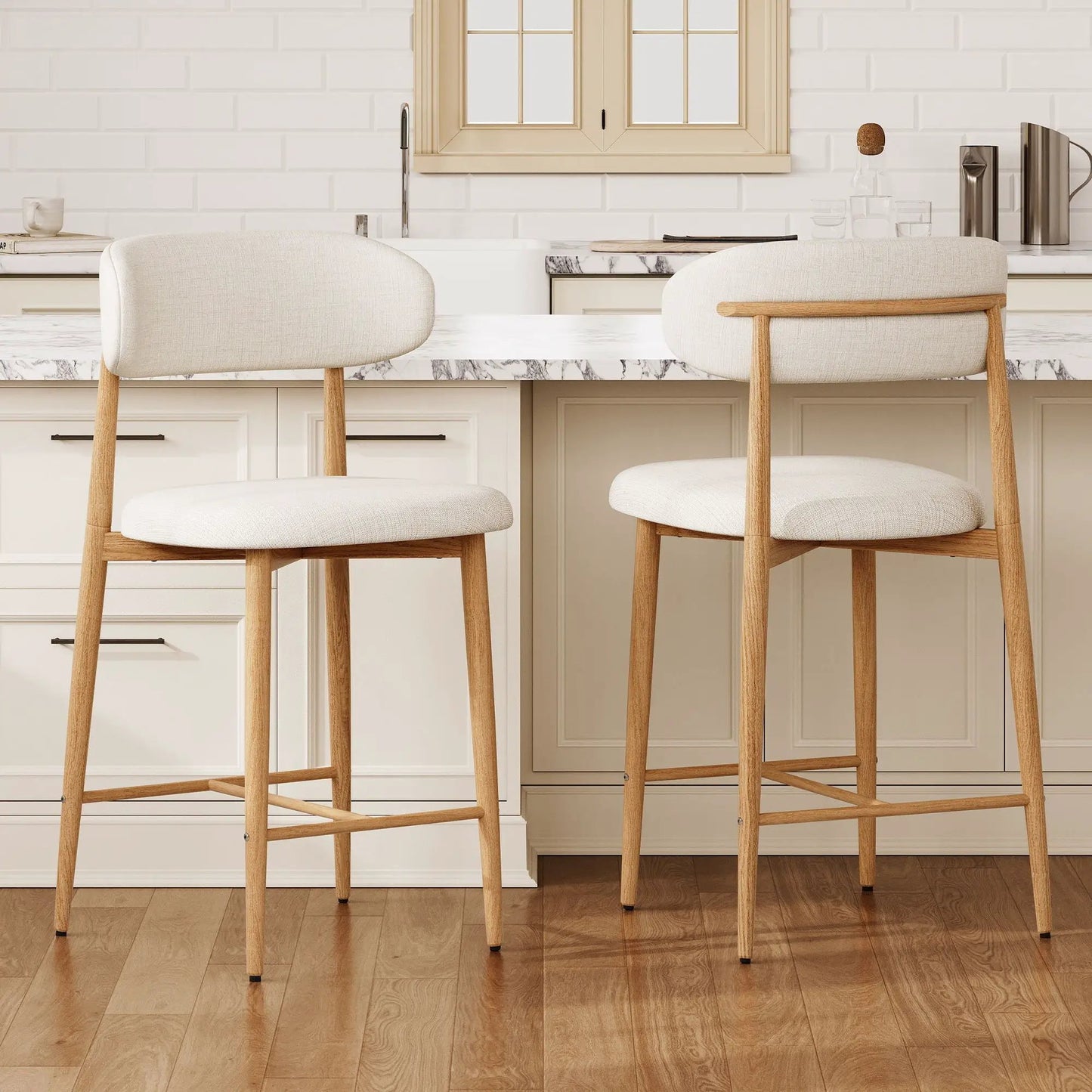Beige upholstered counter-height bar stools with wood legs, set of 2 for kitchen island on Tampa Home & Garden Store