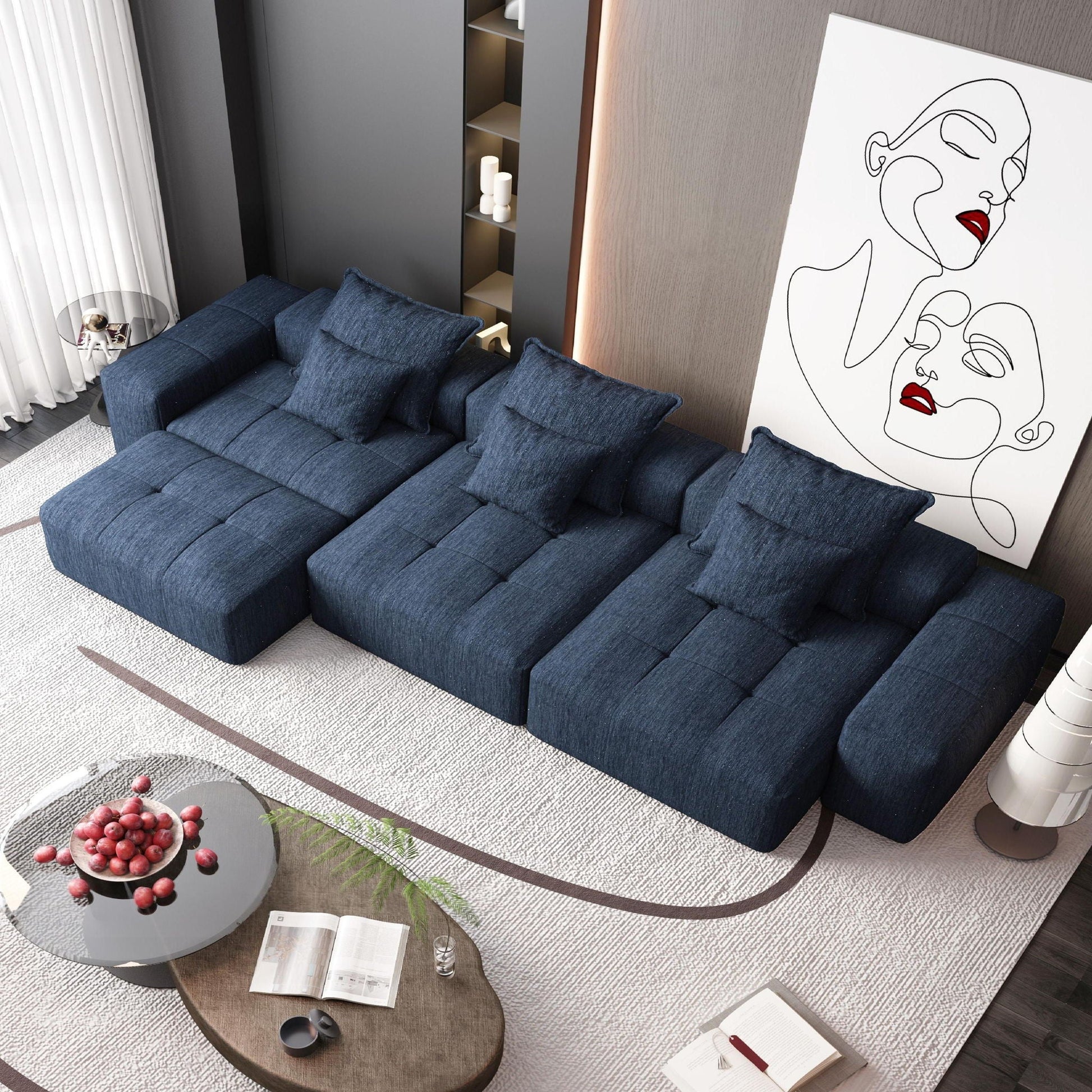 HouseOfZazla modular sectional sofa with navy fabric cushions and pillows on Tampa Home & Garden Store
