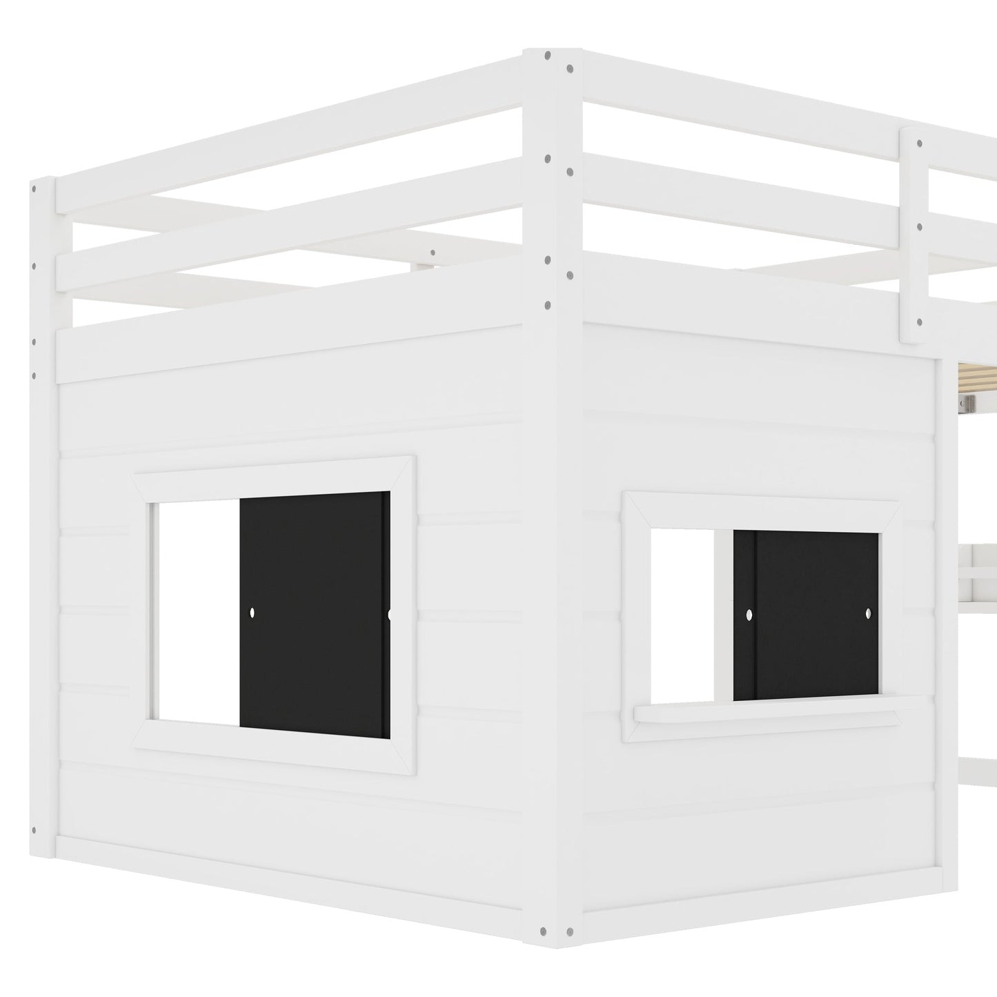 Full-size white loft bed by HouseOfZazla featuring sliding chalkboard panels on Tampa Home & Garden Store