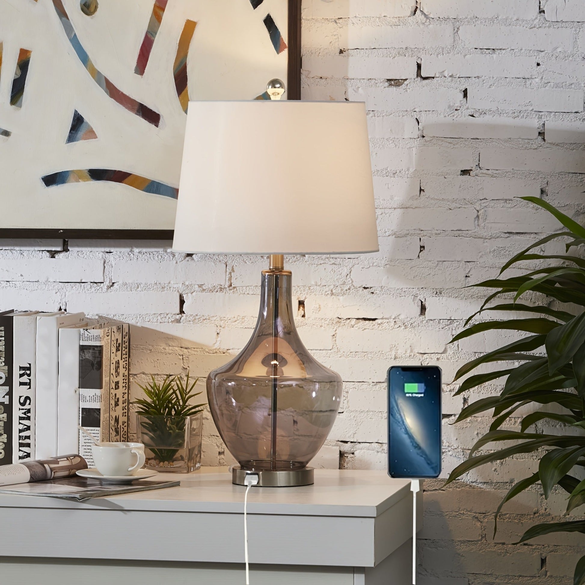 26-inch tall glass table lamp with USB charging port and white shade on a white dresser on Tampa Home & Garden Store