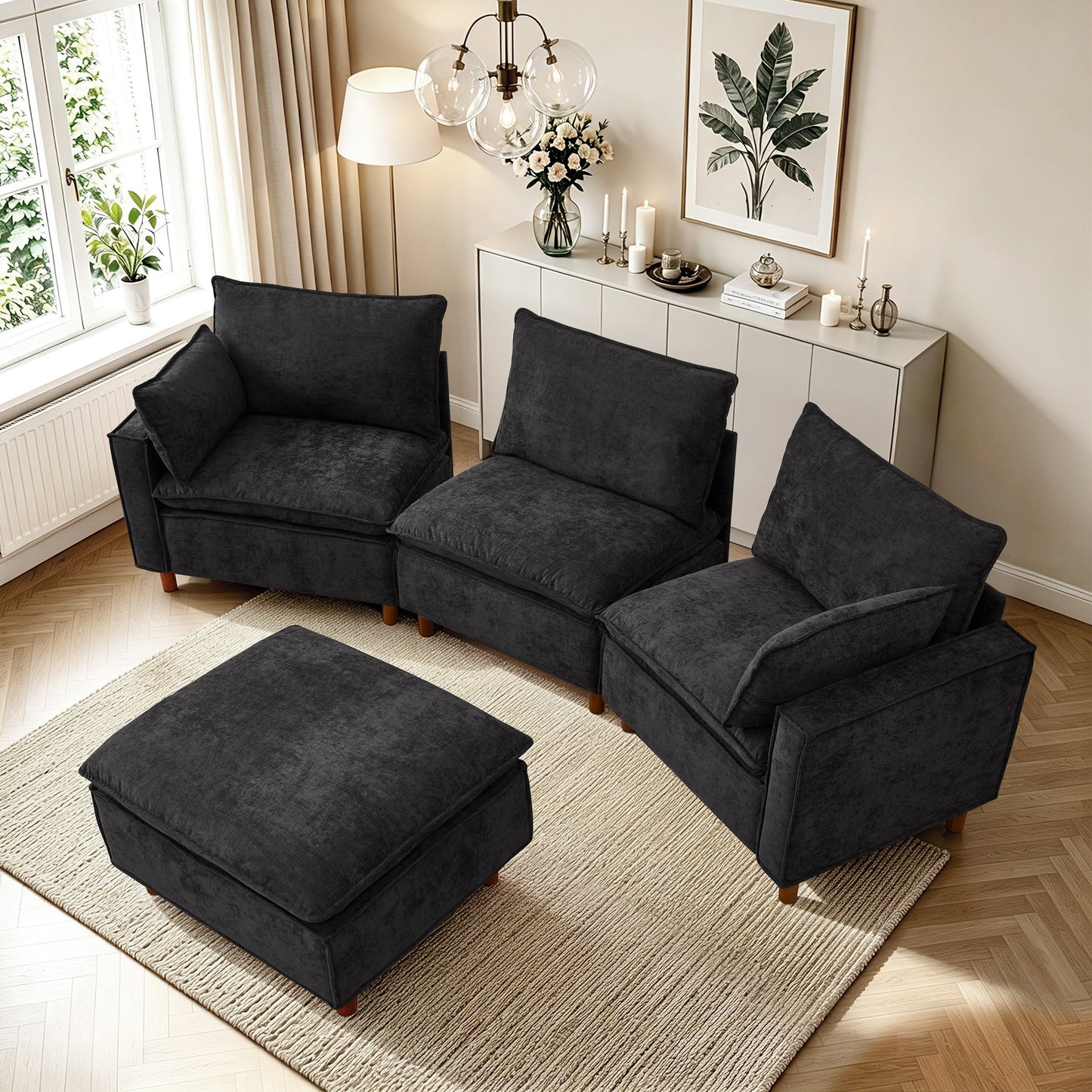108.5 Modular L-Shaped sectional sofa with movable ottoman in charcoal fabric by HouseOfZazla on Tampa Home & Garden Store