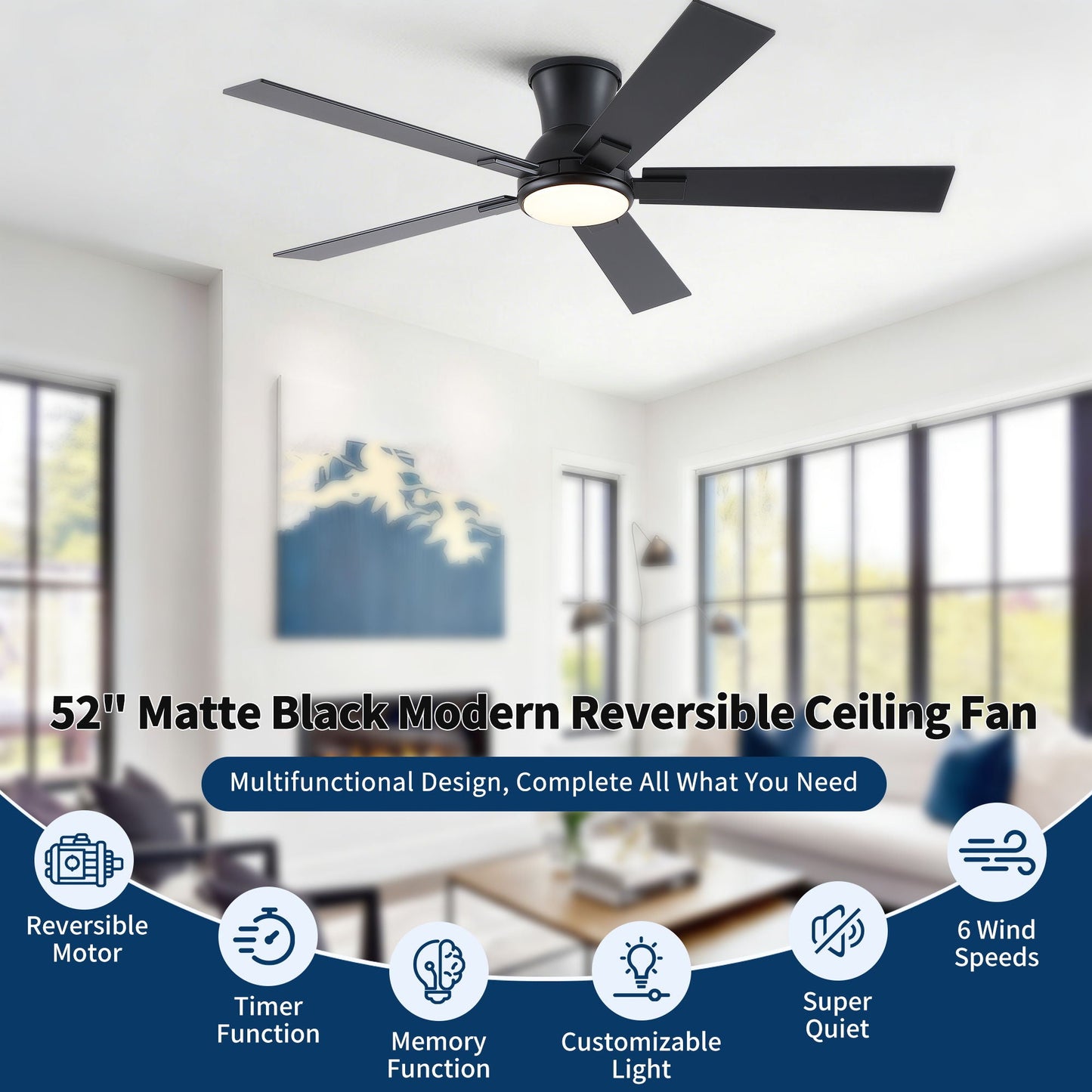 Ceiling fan 52-inch matte black modern reversible with integrated LED light by HouseOfZazla on Tampa Home & Garden Store