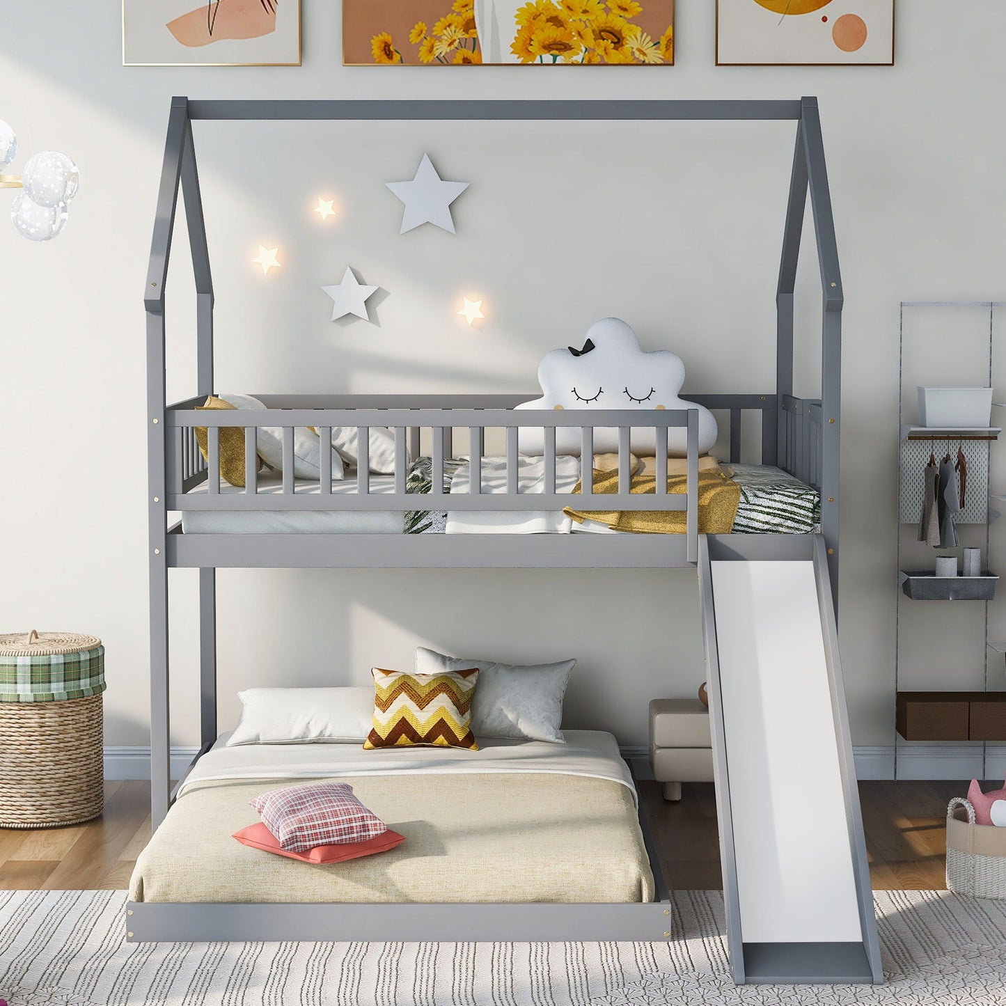 HouseOfZazla gray bunk bed with slide and built-in ladder, kid-friendly bedroom centerpiece on Tampa Home & Garden Store