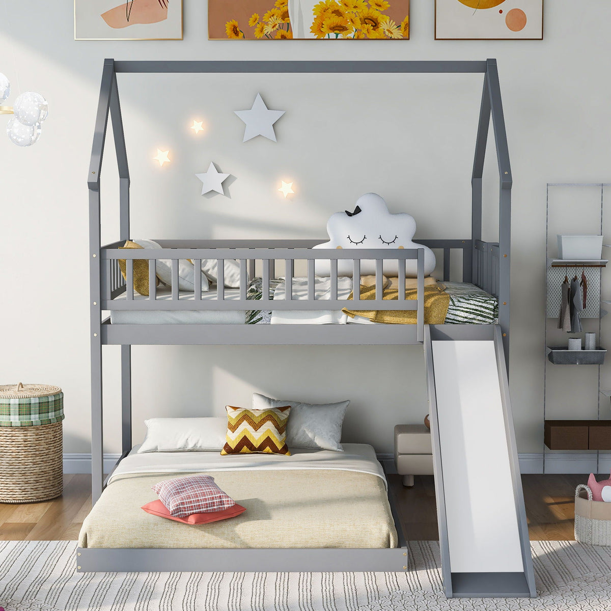HouseOfZazla gray bunk bed with slide and built-in ladder, kid-friendly bedroom centerpiece on Tampa Home & Garden Store