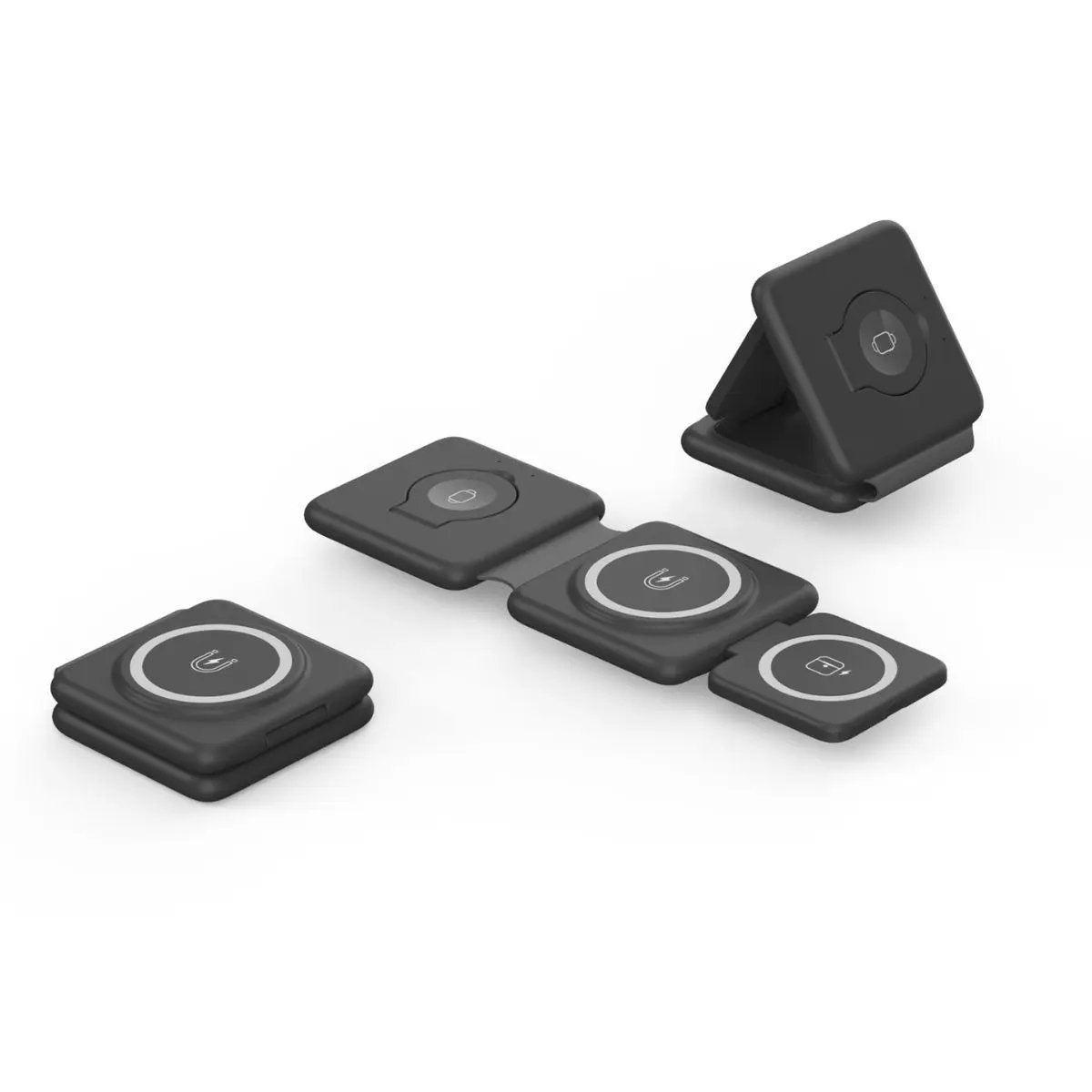 Folding magnetic wireless charger 3-in-1 with black square pads and circular charging icons on Tampa Home & Garden Store