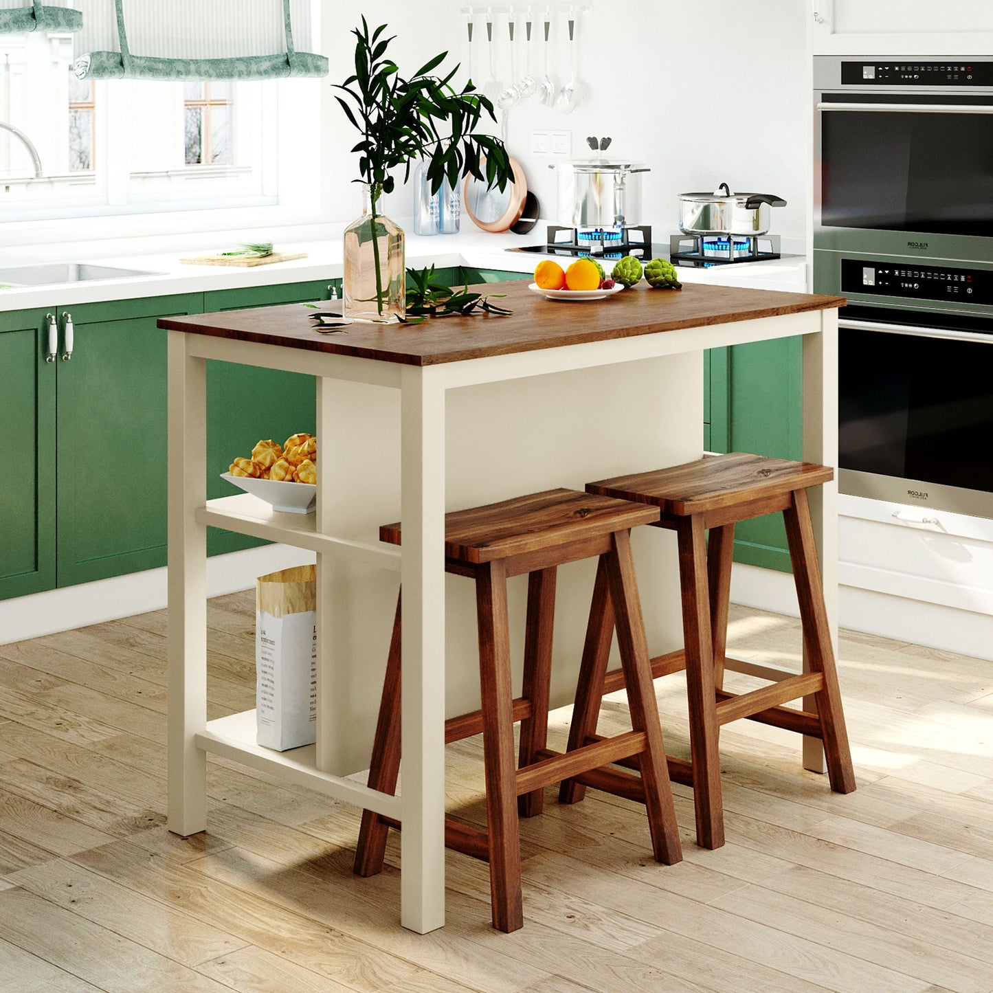 Rustic Kitchen Island and Two Wooden Bar Stools